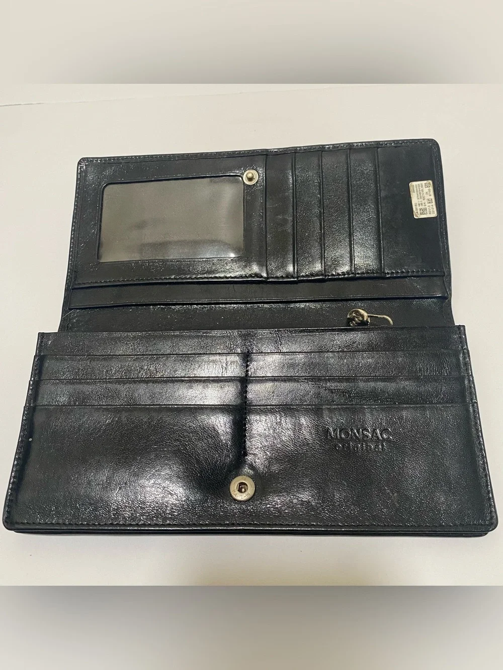 MONSAC Original Black Leather Long Trifold Checkbook Wallet ID Window Snap